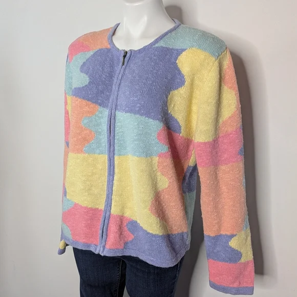 Vintage Christopher & Banks Colorful Abstract Zip Up Cardigan Sweater L - Picture 2 of 7